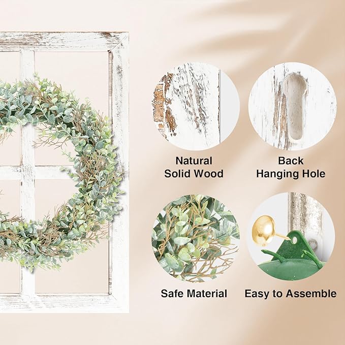 WAKOSAN Rustic Wood Window Frame with Green Wreath and Arrows Wall Decor, Farmhouse Wooden Fake Window Decoration for Bedroom Living Room,Set of 2 (Large White)