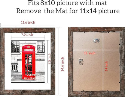 11x14 Picture Frame Rustic Brown Wood Set of 6,Display Pictures 8x10 with Mat or 11x14 Without Mat,Multi Photo Frames Collage for Wall