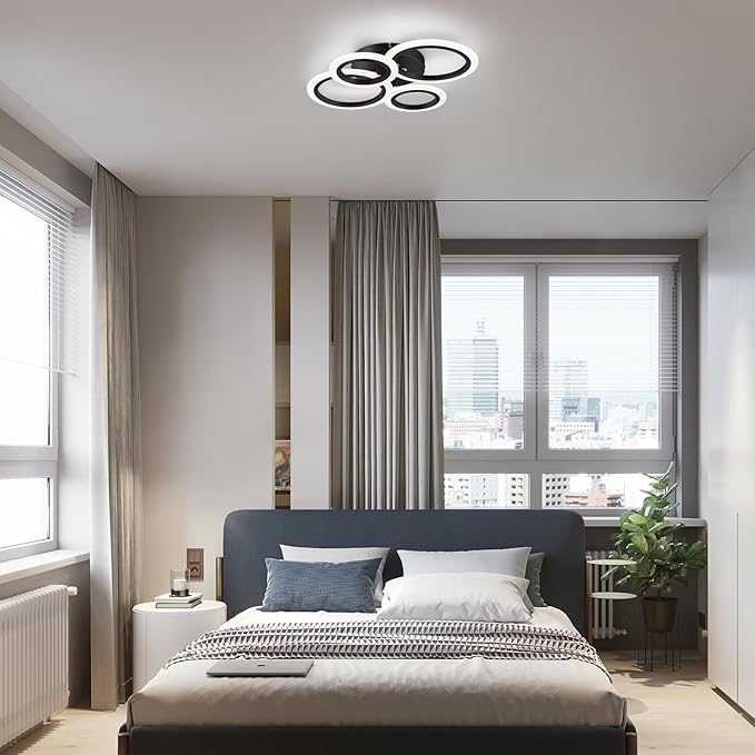 Modern LED Flush Mount Ceiling Light, 4 Rings Black Close to Ceiling Light Fixtures, Kitchen Lighting Fixture Ceiling Lamp for Bedroom, Living Room, Laundry Room, 4000K Not Dimmable