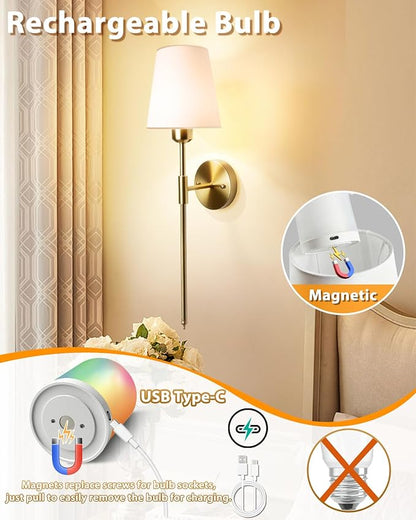 Adetu Wall Sconces Set of Two, Battery Operated Wall Sconce with 10000mAh RGB Dimmable Magnetic Bulbs and Remote, Rechargeable Wall Lights for Bedroom Living Room Hallway Decor