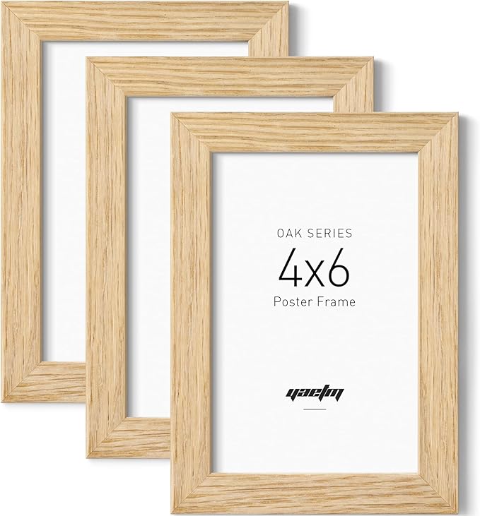 Yaetm 4x6 Oak Wood Picture Frame Set of 3, Natural Solid Wood 4x6 Frame with Tempered Glass for Tabletop & Wall mount (3 Pack, Oak)