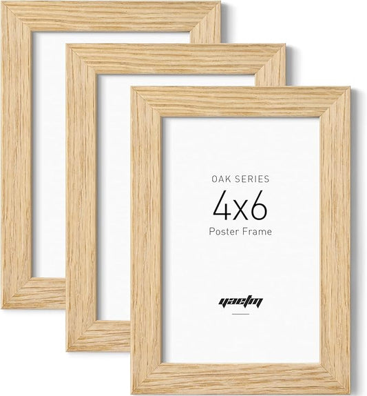 Yaetm 4x6 Oak Wood Picture Frame Set of 3, Natural Solid Wood 4x6 Frame with Tempered Glass for Tabletop & Wall mount (3 Pack, Oak)
