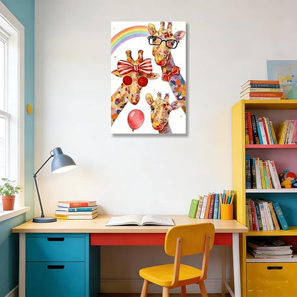 16x24 Inch Graffiti Giraffe Canvas Wall Art - Watercolor Rainbow Giraffe Family Poster with Glasses Balloon - Framed Funny Animal Wall Decor Prints for Kids Bedroom Nursery Bathroom Playroom