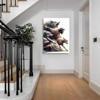 Jesus and Lamb Wall Art Jesus Saves the Lost Sheep Christian Picture Wall Decor Shepherd Protect a Lamb from Wolves Painting Poster Print Artwork for Living Room Bedroom Church Decor 24X36 in canvas