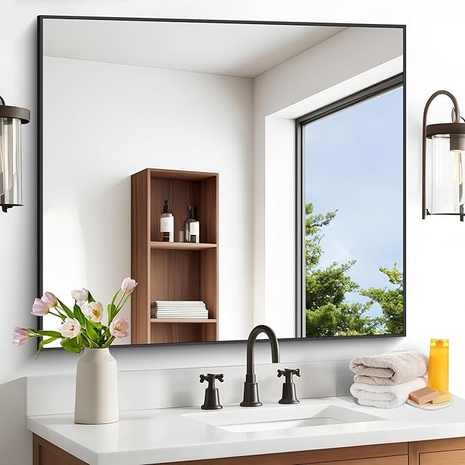 DESBING Black Bathroom Mirror for Wall, 36x40 Inch Rectangle Mirrors with Metal Frame, Modern Vanity Wall Mirror Decor for Entryway Hangs, Bathroom Living Room Horizontal or Vertical