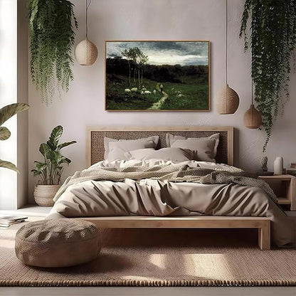 OIQArtOIQ Framed Vintage Landscape Wall Art Shepherd Natural Scenery Oil Painting Canvas Prints Country Farmhouse Aesthetic Fall Decor Pictures for Kitchen Bedroom Living Room Bathroom