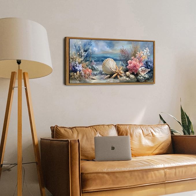 Coastal Coral Wall Art Rustic Seashell Framed Painting Graffiti Abstract Seascape Bathroom Wall Decor Blue Ocean Beach Picture for Living Room Conch Starfish Canvas Print Artwork Home Decoration 20x40