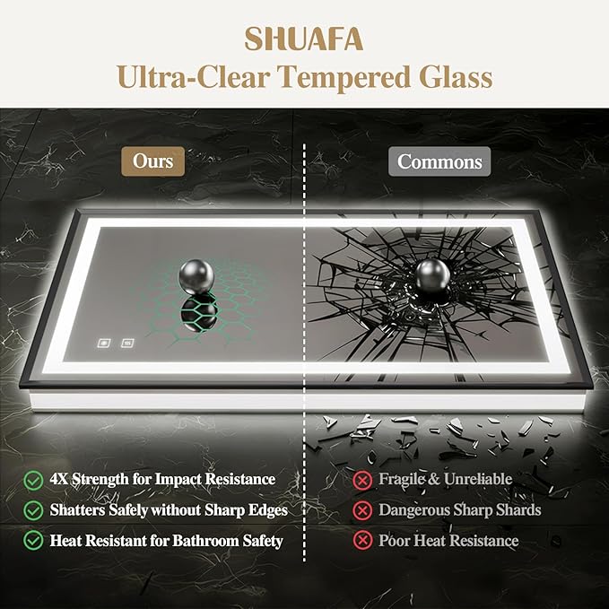 72X40 Inch LED Bathroom Mirror with Lights, Black Frame Frontlit+ Backlit Bathroom Vanity Mirror for Wall, Ultra-Clear Tempered Glass, Shatter-Proof, Anti-Fog and Memory Function, ETL Listed