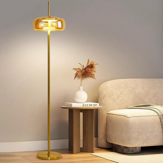 MIXL-Hand-Blown Glass Floor Lamp with Sturdy Base,Minimalist Amber Bedside Lamp with Round Shade,Nordic Style Tall Lamp for Reading Study Room and Dining Room