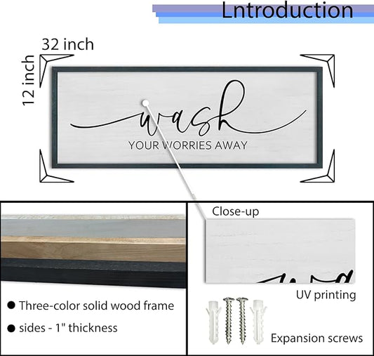 FZMHASLWW Funny Laundry Room Bathroom Wall Decor Wash Your Worries Away Sign 32"×12" Inspirational Quote Art for above the Bathtub Restroom Large Minimalist Wood Framed Hanging Plaqu (Black)