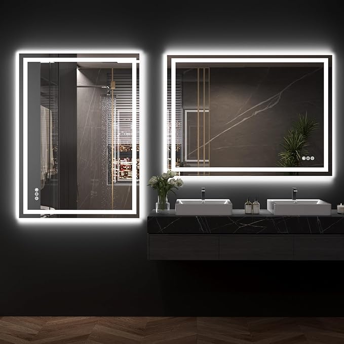 Snowdool 48"X32" LED Bathroom Mirror with Front Lights and Backlit, Anti-Fog, Dimmable, Shatter-Proof Tempered Glass, Lighted Bathroom Vanity Mirror for Wall with 3 Colors, Memory Function