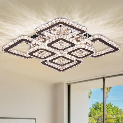 FRIXCHUR Square Crystal Chandelier 20 Inch Flush Mount Ceiling Light 8 Light Modern LED Crystal Ceiling Fixture with 3 Color Light for Bedroom Living Room Dining Room