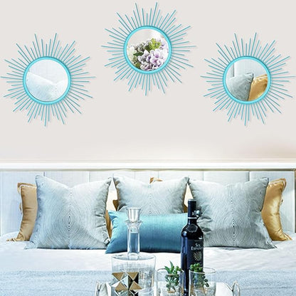 3 Pack Metal Mirrors for Wall Sunburst Wall Mirrors Home Décor Decorative Hanging Wall Art for Living Room Bedroom Entryway (Greenish Blue, Sunburst)