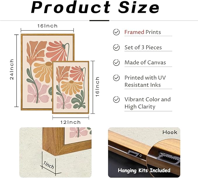 TBKHUDBI Framed Boho Flower Wall Art Abstract Floral Canvas Pictures Prints Set of 3 Minimalist Botanical Painting Poster Flower Market Aesthetic Wall Decor for Living room Bedroom 12"x16"