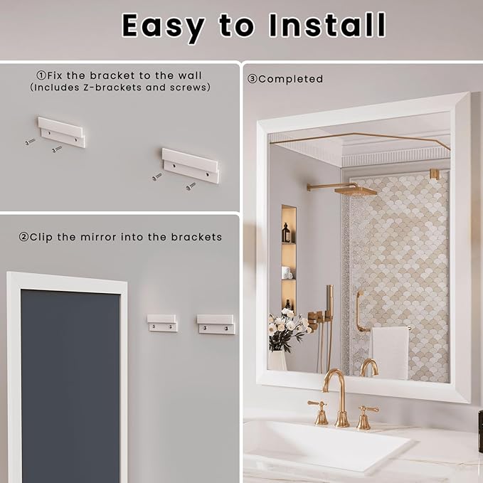 Amorho Bathroom Mirror, 44x36 Inch White Framed Bathroom Mirrors for Over Sink, Wall-Mounted Mirrors for Bedroom, Living Room, Entryway(Horizontal/Vertical).