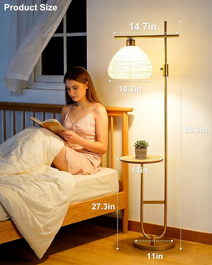 Lightdot Gold Floor Lamp with Table, Modern Standing Lamp Rotary Switch with Shelves, Dimmable Brass Tall Lamps Mid Century Corner Floor Lamp for Living Room, Bedroom, Study, Office - E26 Bulb, 3000K