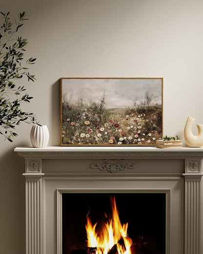 InSimSea Framed Canvas Prints Art Vintage Decor, Classical Wildflower Field Meadow Flowers Painting, Rustic Landscape Large Wall Art for Living Room Bedroom Home Bathroom Wall Decor, 16x24inch