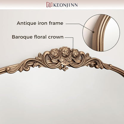 Keonjinn Gold Vintage Arched Mirror for Wall, 16" x 24" Brass Mirror with Metal Frame, Ornate Baroque Decoration for Mantle, Living Room, French Cleat Mounting