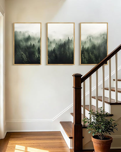 PHOPAGO Green Fog Pine Tree Framed Wall Art Large 16x24in Nature Misty Nordic Forests Artwork Morden Paints for Living Room Home Office Decor - Natural Framed
