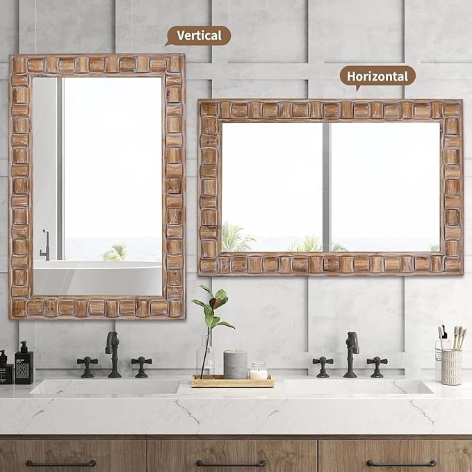 36x24 Inch Rustic Rectangle Wall Mirror - Solid Wood Frame Bathroom Vanity Mirror for Over Sink, Entryway, Living Room & Bedroom