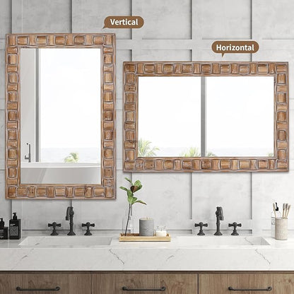 36x24 Inch Rustic Rectangle Wall Mirror - Solid Wood Frame Bathroom Vanity Mirror for Over Sink, Entryway, Living Room & Bedroom