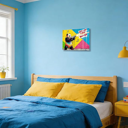12x16 Inch Colorful Graffiti Panda with Gun Canvas Wall Art Painting- "Get Out While You Can" Street Art Print, Modern Pop Art Wall Decor Poster for Kids/Teen Boy/Child Bedroom Bathroom Living Room
