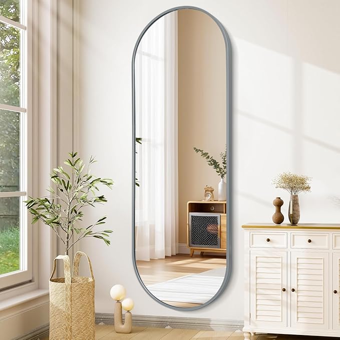 JJUUYOU Oval Full Length Bathroom Mirror 24"X48" Wall Mounted Mirrors Vanity Metal Frame Mirror Aluminum Alloy Frame Mirrors for Bedroom Entryway Living Room,Grey