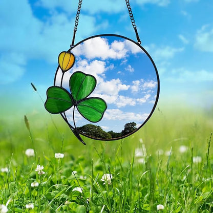 Clover Wall Decorative Art Mirror, 8-inch Small Mirror with Chain, Handmade Stained Glass Window Hanging, Gift for Girlfriend and Mother's Day
