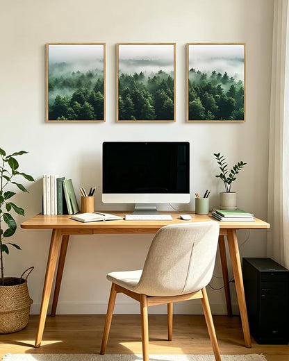 PHOPAGO Green Fog Pine Tree Framed Wall Art Nature Misty Nordic Forests Artwork Morden Paints Bedroom Living Room Home Decor - 12x16in Natural Framed