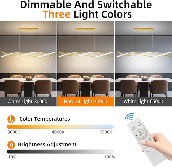Modern Gold Ceiling Pendant Light, 57IN Chandelier with Remote Control 3000k-6500K Adjustable Color Temperature,Aluminum Island Lighting Lamp for Dining Room, Living Room, Island