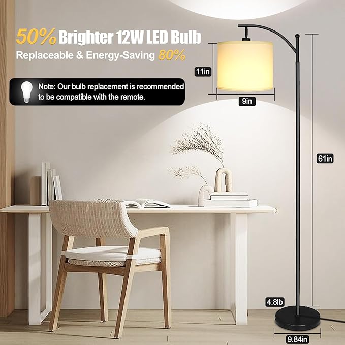 mukuxin LED Floor Lamps for Living Room, 12W 1200LM Modern Arc Floor Lamp with Remote & Adjustable Linen Lampshade, 12 Color Temperature Stepless Dimmable Tall Standing Lamp (White)