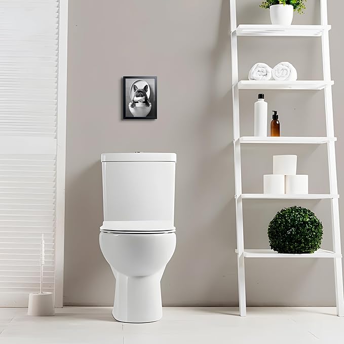 Funny French Bulldog Bathroom Canvas Wall Art, Black and White Frenchie Poster Decor, Cute Puppy Toilet Painting Print Picture Wall Decor for Farmhouse Restroom Washroom Home Decoration 8x10 Inch Framed