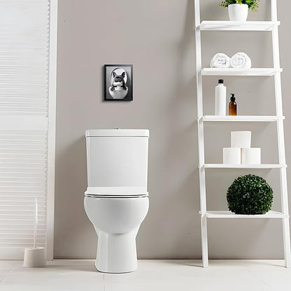 Funny French Bulldog Bathroom Canvas Wall Art, Black and White Frenchie Poster Decor, Cute Puppy Toilet Painting Print Picture Wall Decor for Farmhouse Restroom Washroom Home Decoration 8x10 Inch Framed