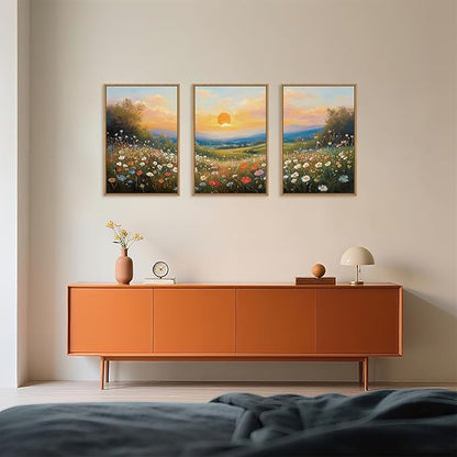 HOURIA Watercolor Spring Floral Meadow Landscape Framed Canvas Wall Art Set,Boho Vibrant Colorful Wildflower Decor,Modern Sunset Nature Inspired Scenery Artwork for Living Room,Bedroom,Farmhouse-16"x24"x3