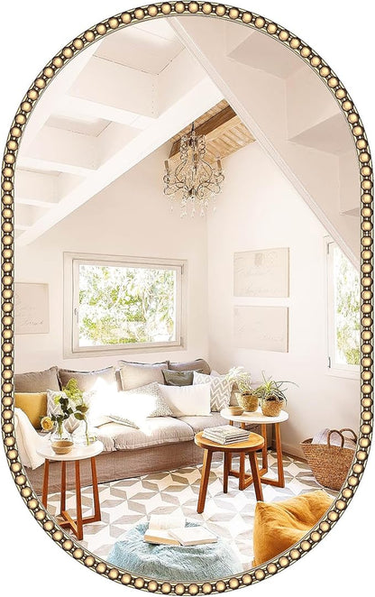 Gold Oval Mirror for Bathroom, 20"x33" Beaded Antique Brass Mirror for Wall Decorated, Champagne Bronze Vintage Vanity Mirrors for Bedroom Living Room Hallway Fireplace