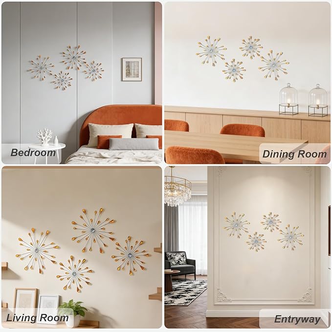 ZEXUIRU 4 Pcs Orange Starburst Wall Decor Metal Bling Wall Art Crystal Accents 3D Modern Decoration Glam Hanging Sculptures for Living Room Bedroom Office Teen Girl Room – Easy to Hang Home Decor Set