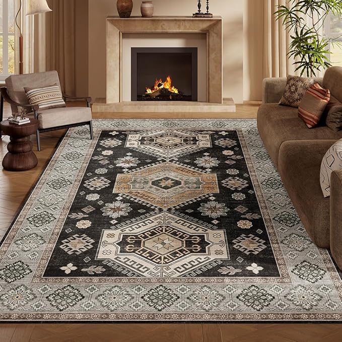 9x12 Area Rugs Black and White Washable Rug for Living Room, Dining Room, Bedroom, Large Carpets, Non Slip & Non-Shedding Low Pile Vintage Print Rug for Home Office Decor