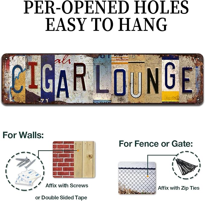 Cigar Lounge Vintage Metal Tin Sign - Rustic Industrial Wall Art for Man Cave, Bar, Study Room, Smoking Room Décor - 4x16 Inch