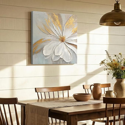 JUHOME Abstract Floral Canvas Wall Art, 24x24 In Hand Painted Original White Flower Oil Painting Textured with Gold Leaf Modern Wall Decor for Living Room Bedroom Office Framed Ready to Hang