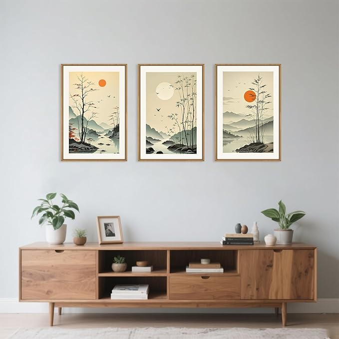 Chinoiserie Bamboo Forest Framed Canvas Wall Art Set, Nature Tree Lakes Wall Decor, Minimalist Zen Landscape Wall Painting, Watercolor Art Prints for Living Room, Bedroom, Office 24"X36"X3