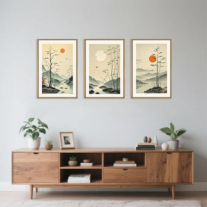 Chinoiserie Bamboo Forest Framed Canvas Wall Art Set, Nature Tree Lakes Wall Decor, Minimalist Zen Landscape Wall Painting, Watercolor Art Prints for Living Room, Bedroom, Office 24"X36"X3