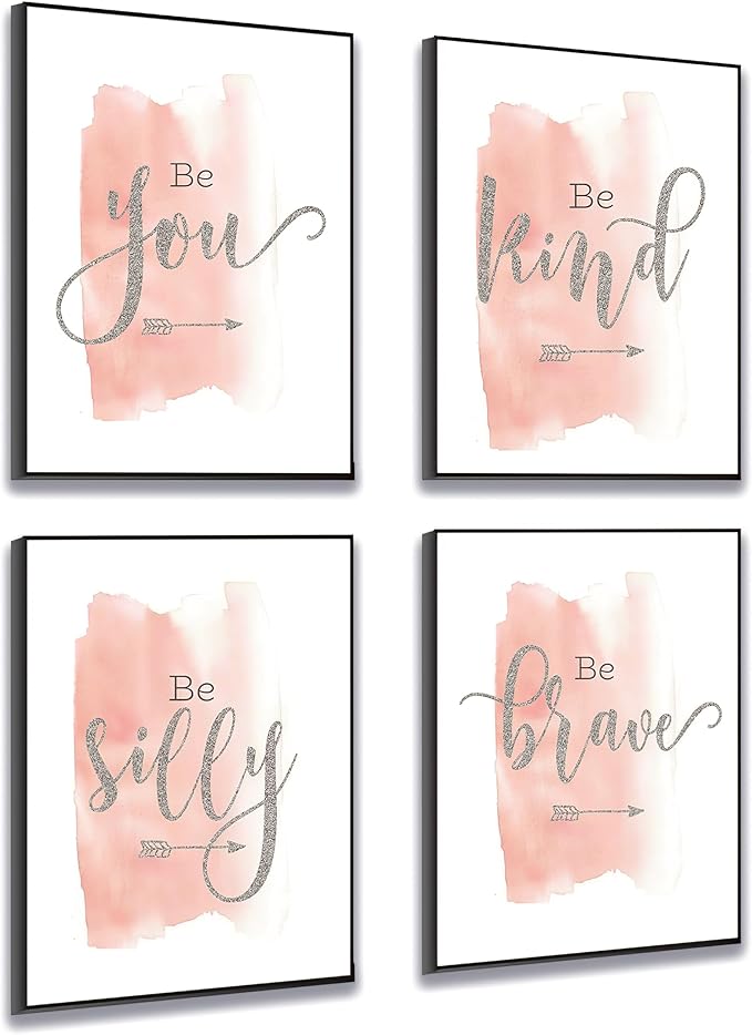 Set of 4 Teen Girl Wall Art Canvas Painting Be Kind Inspirational Quote Print Blush Grey Wall Picture Nordic Poster for Girls Bedroom Decor Home Living Room