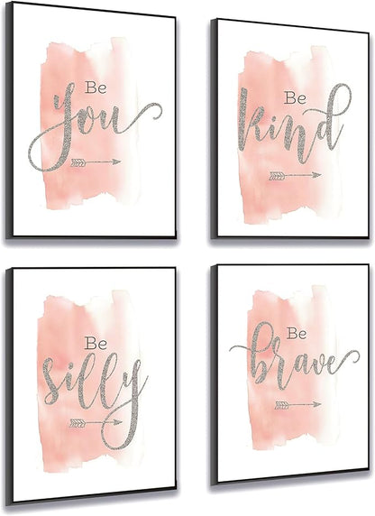 Set of 4 Teen Girl Wall Art Canvas Painting Be Kind Inspirational Quote Print Blush Grey Wall Picture Nordic Poster for Girls Bedroom Decor Home Living Room
