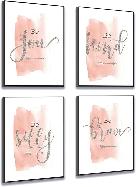 Set of 4 Teen Girl Wall Art Canvas Painting Be Kind Inspirational Quote Print Blush Grey Wall Picture Nordic Poster for Girls Bedroom Decor Home Living Room