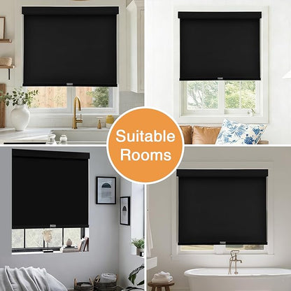 AOSKY No Drill Cordless Blackout Roller Shades with Valance,Customize Blinds for Indoor Windows,Room Darkening Window Shades Pull Down with Free-Stop Spring System, UV Protection for Home Black