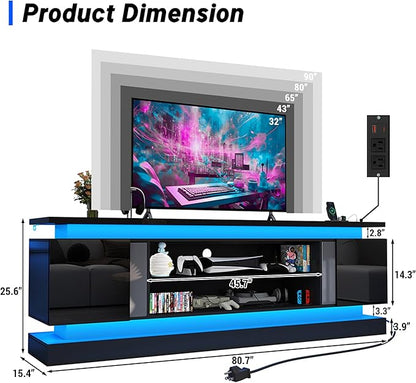 chartustriable 81IN LED TV Stands w/Power Outlet for 90/80/75 Inch TVs,High Glossy Modern Tall Entertainment Center TV Media Console Gaming with 2 Storage Cabinets,Dual LED Lights,Black