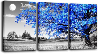 Wall Art For Living Room black and white Blue tree moon Canvas Wall Decor for Home artwork huge Painting 16" x 24" 3 Pieces Canvas Print For bedroom Decor Modern Salon kitchen office Hang a picture
