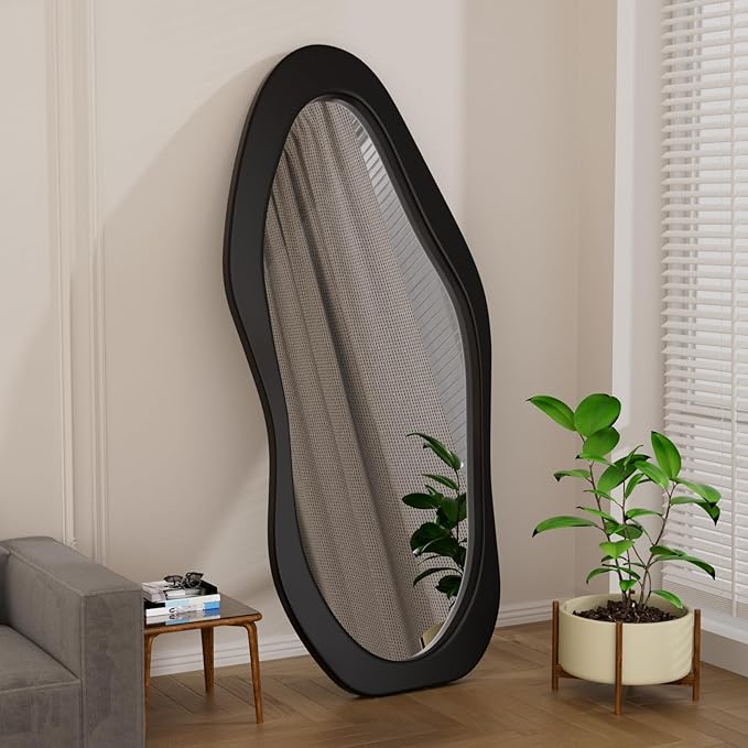 67"x 30" Irregular Wavy Full Length Mirror Black Wooden Framed Full Body Mirror Hanging/Leaning Wall Mounted Mirrors for Bedroom Living Room Cloakroom