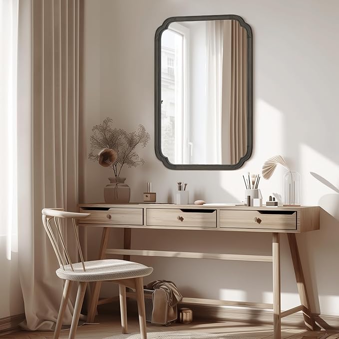 HOMECOOKIN Wood Bathroom Mirror for Wall Decor Arched Rounded Corner Rustic Wood Frame Wall Mirror Home Decorative for Vanity, Living Room, Bedroom, Entryway (24 x 36 inch, Black)