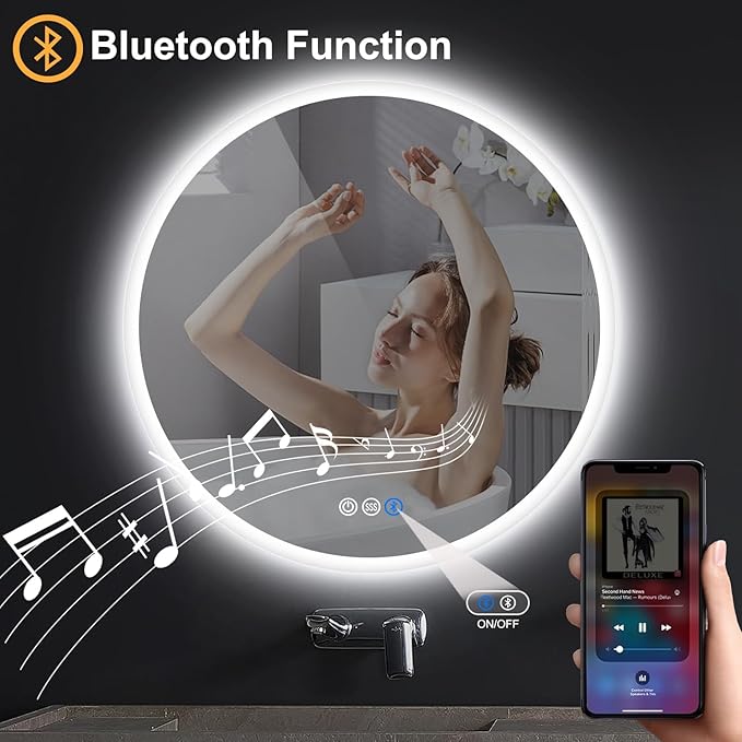 S·BAGNO 40’’ Round Led Bathroom Mirror with Lights, Backlit and Front Lighted, Anti-Fog Wall-Mounted Vanity Mirror 3000K/4000K/6500K, Dimmable Inside Bluetooth Speaker Smart Mirror